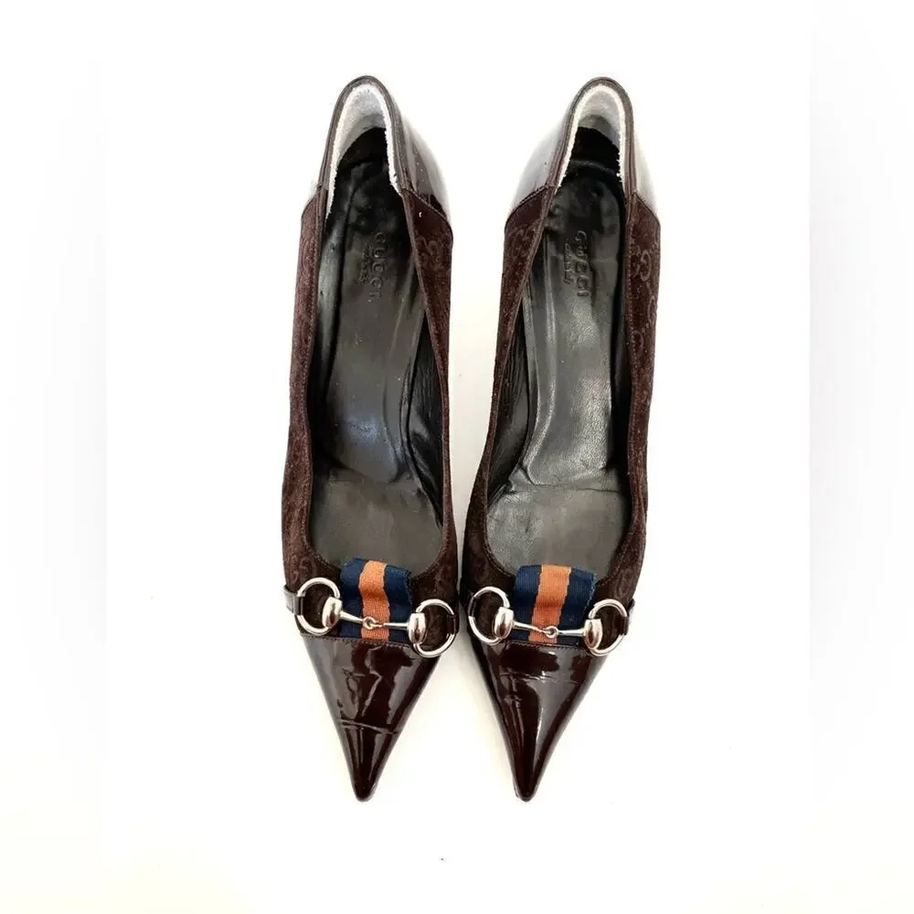 Gucci Horsebit Web Stripe GG Pump Size 8.5 Brown Suede Pointed Toe Kitten Heel - Picture 2 of 10